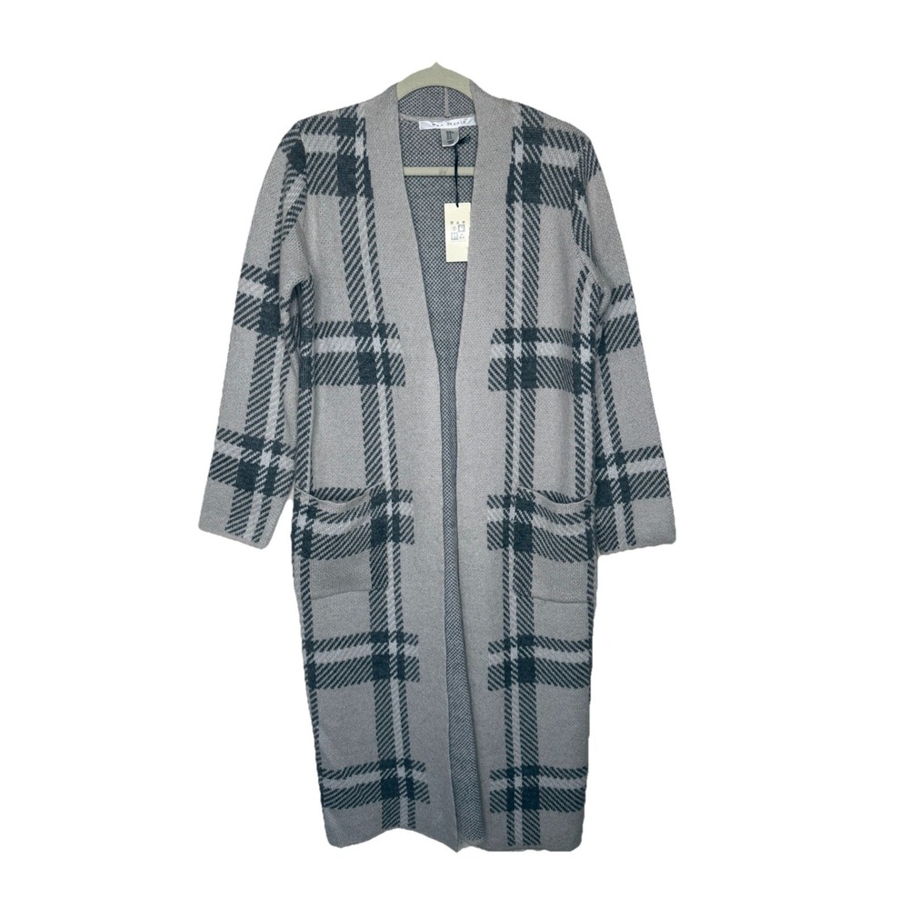 Max Studio Women Size M Gray Plaid Long Sleeve Plaid Maxi Long Cardigan, NEW